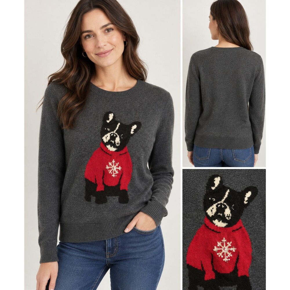 Westport 1962 Gray French Bulldog Sweater Sequin Snowflake Dog Frenchie Med